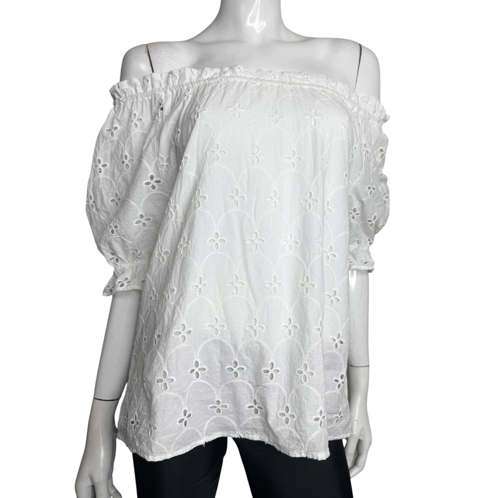 Croft & Barrow White Eyelet Off the Shoulder Puff Sleeve Cotton Top Petite M